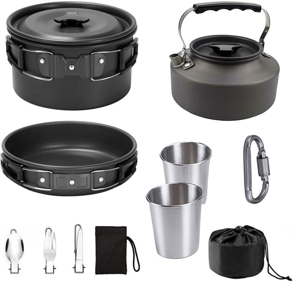 51BGPTiMGgL._AC_SL1000_.jpg Camping Cookware Set Lightweight Portable Pot Pan Kettle Cups Spoon Fork Cutter with Carry Bag for Camping, Backpacking, Outdoor Cooking and Picnic - Image 1