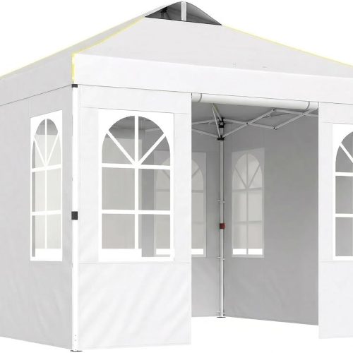 9.6 x 9.6 ft Pop Up Canopy Tent with Sidewalls, One Button Push Setup, UPF50+ Outdoor Portable Instant Canopy Shelter with Carry Bag, Sandbags, Adjustable Height for Parties Events, White