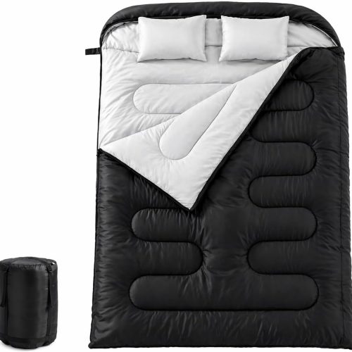 Double Sleeping Bag for Adults Mens with Pillow, XL  Size Two Person Sleeping Bag for All Season Camping Hiking Backpacking 2 Person Sleeping Bags for Cold Weather & Warm
