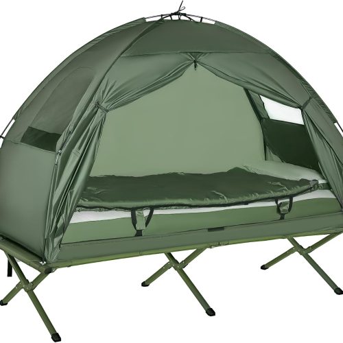 Camping Tent Cot, Folding Tent Cot Combo with Mattress, Pillow, Sleeping Bag, Roller Carrying Bag, Off Ground Travel Camp Cot for Hiking, Backpacking