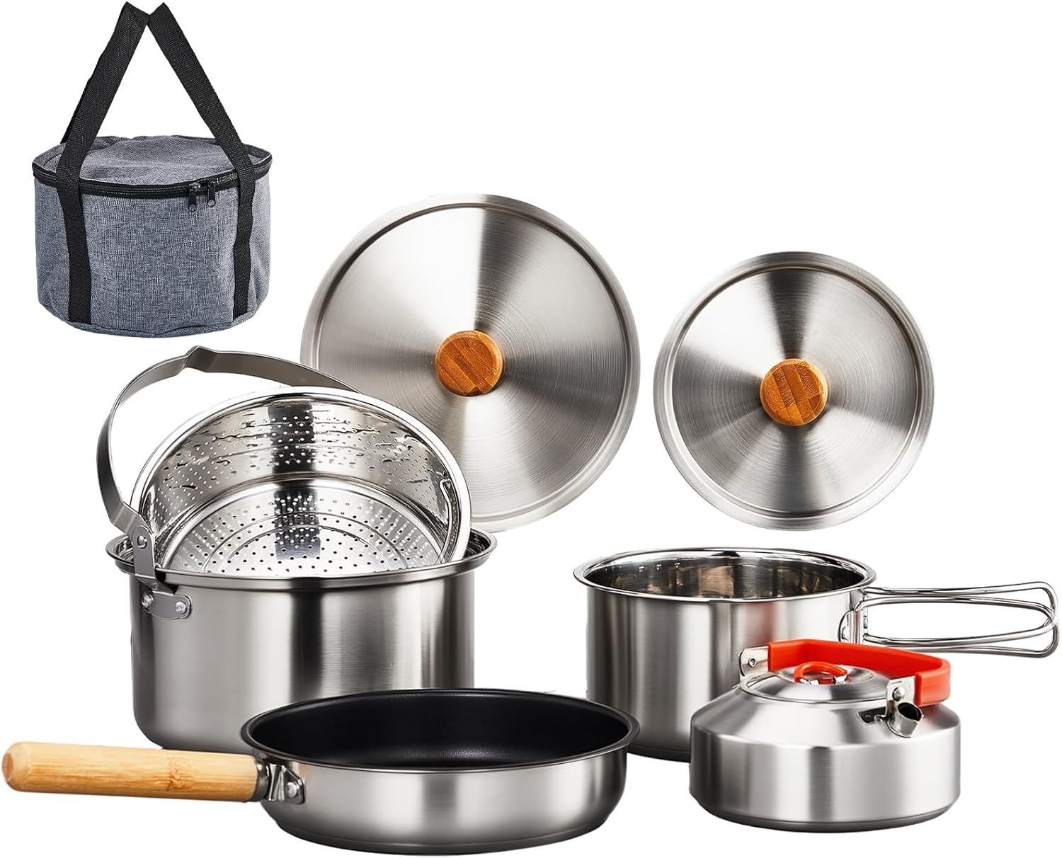 71CXGfd8YNL._AC_SL1500_.jpg 34/10/6 pcs Camping Cookware , Lightweight Non-Stick Camping Cooking Pot and Pan Set with Stainless Steel Camping Gear Kettle Cup for Open Fire, Backpacking, Outdoor Cooking - Image 1