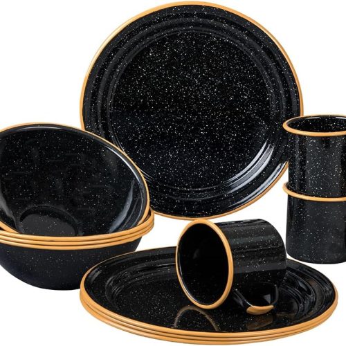 12-Piece Outdoor Set, Enameled Steel, Perfect for Camping & Picnics - Speckled Black with Color Rim