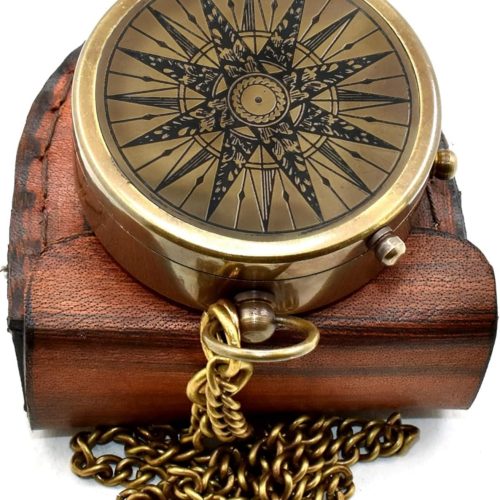 Classic Handmade Antique Functional Brass Compass with Chain and Leather Case – Vintage Decorative Pocket Compass for Men and Women for Wife